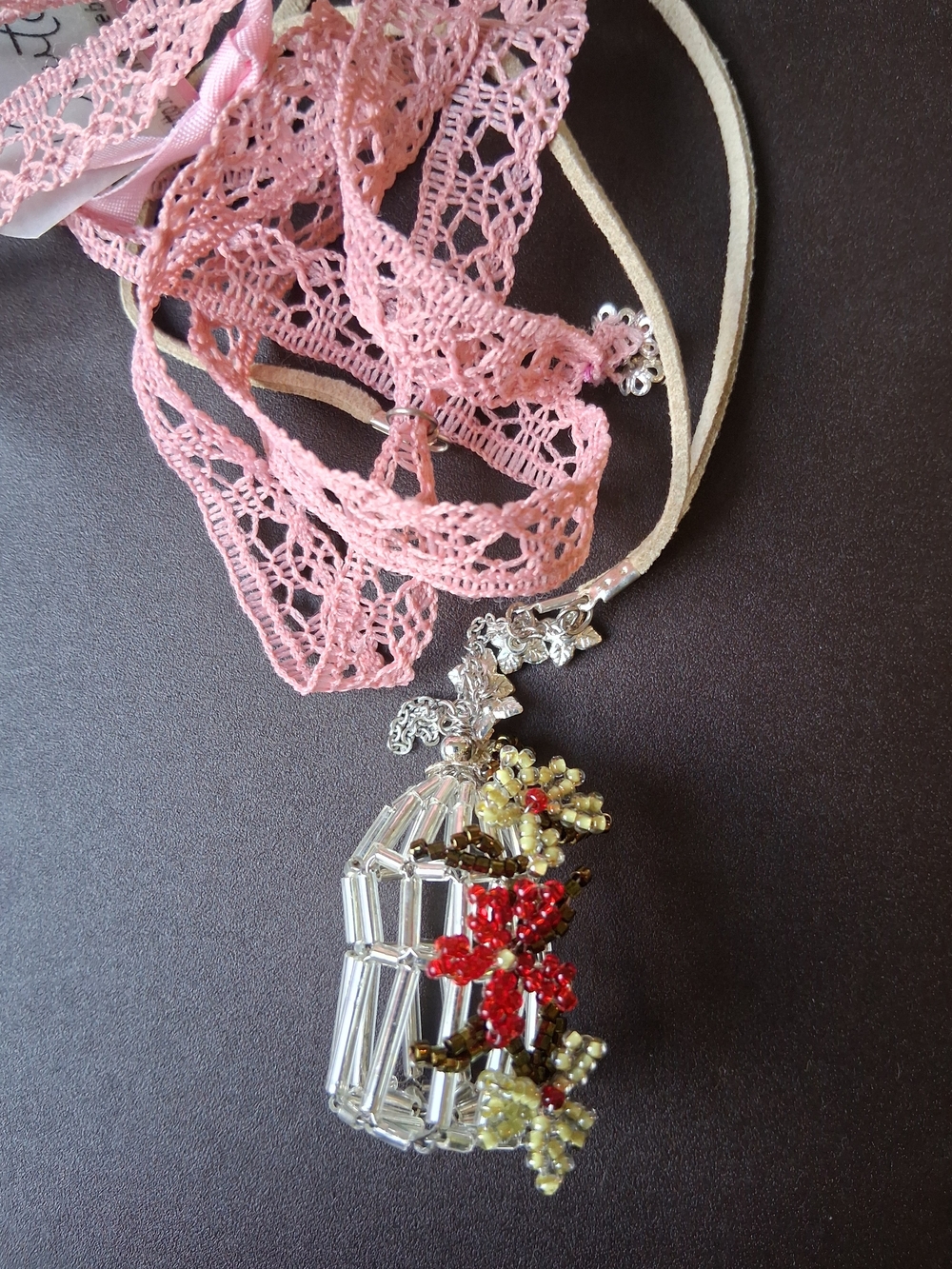 Pink Lace Necklace with Beaded Birdcage Pendant